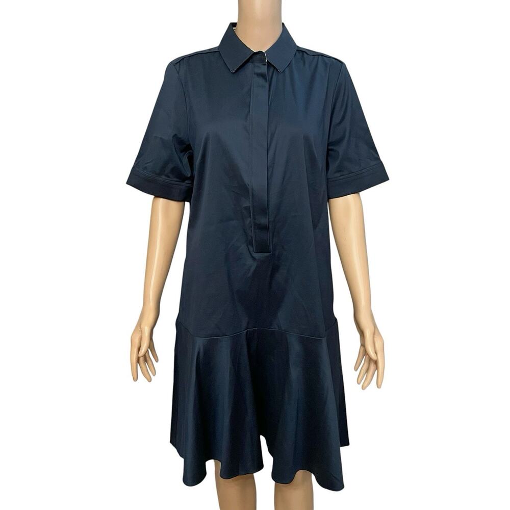 Chicos Popover Shirt Dress Medium/1 Navy Blue Short Sleeve Poplin Flounce Hem